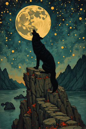 Tableau illustratif représentant un loup dans un paysage nocturne mythique. Une œuvre pleine de symbolisme et de mystère, idéale pour créer une ambiance forte et fascinante.