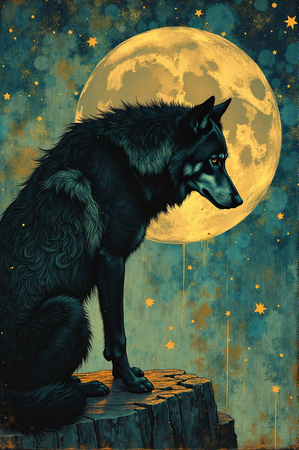 Tableau illustratif représentant un loup dans un paysage nocturne mythique. Une œuvre pleine de symbolisme et de mystère, idéale pour créer une ambiance forte et fascinante.