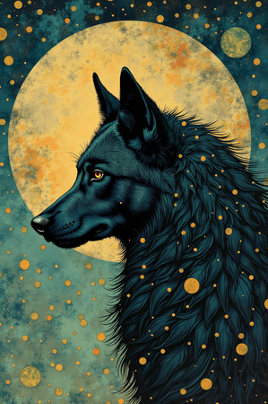 Tableau illustratif représentant un loup dans un paysage nocturne mythique. Une œuvre pleine de symbolisme et de mystère, idéale pour créer une ambiance forte et fascinante.