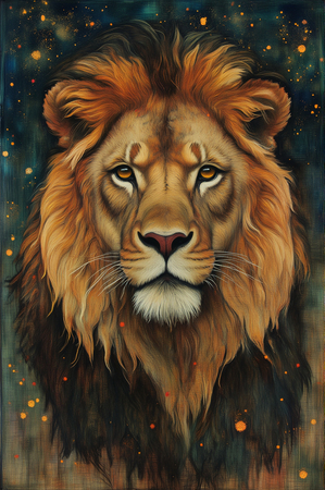 Le style graphique de cette œuvre allie féerie et raffinement. Le lion, représenté avec des détails soignés et une présence imposante, incarne à la fois la force et la grâce. Les éléments du décor, comme les arbres stylisés et les motifs célestes, ajoutent une dimension fantastique à la scène. Les contrastes entre les zones lumineuses et les ombres renforcent l'aspect mystique et captivant du tableau.