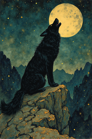 Tableau illustratif représentant un loup dans un paysage nocturne mythique. Une œuvre pleine de symbolisme et de mystère, idéale pour créer une ambiance forte et fascinante.