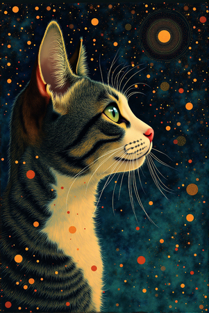 Tableau décoratif d'un chat dans un univers nocturne mystérieux et poétique. Une œuvre délicate et pleine de charme, parfaite pour créer une ambiance intime et magique.