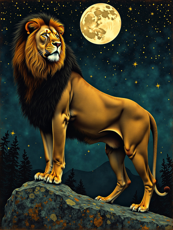 Le style graphique de cette œuvre allie féerie et raffinement. Le lion, représenté avec des détails soignés et une présence imposante, incarne à la fois la force et la grâce. Les éléments du décor, comme les arbres stylisés et les motifs célestes, ajoutent une dimension fantastique à la scène. Les contrastes entre les zones lumineuses et les ombres renforcent l'aspect mystique et captivant du tableau.