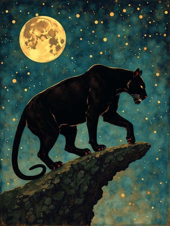 Tableau féerique de panthère noire sous la lune et les étoiles, dans une atmosphère nocturne et mystique. Plusieurs versions disponibles, création exclusive DECOTAB.