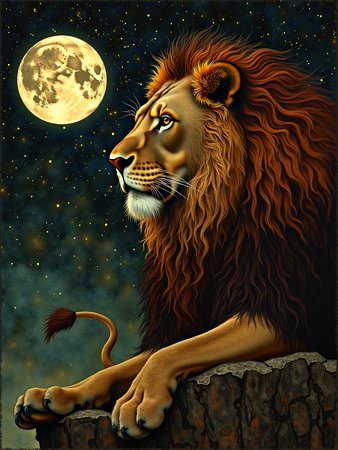 Le style graphique de cette œuvre allie féerie et raffinement. Le lion, représenté avec des détails soignés et une présence imposante, incarne à la fois la force et la grâce. Les éléments du décor, comme les arbres stylisés et les motifs célestes, ajoutent une dimension fantastique à la scène. Les contrastes entre les zones lumineuses et les ombres renforcent l'aspect mystique et captivant du tableau.