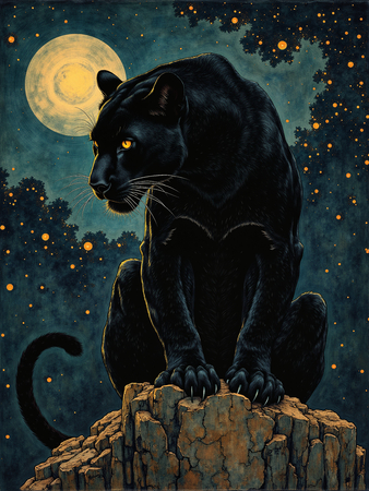 Tableau féerique de panthère noire sous la lune et les étoiles, dans une atmosphère nocturne et mystique. Plusieurs versions disponibles, création exclusive DECOTAB.