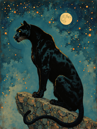 Tableau féerique de panthère noire sous la lune et les étoiles, dans une atmosphère nocturne et mystique. Plusieurs versions disponibles, création exclusive DECOTAB.