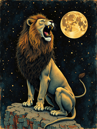 Le style graphique de cette œuvre allie féerie et raffinement. Le lion, représenté avec des détails soignés et une présence imposante, incarne à la fois la force et la grâce. Les éléments du décor, comme les arbres stylisés et les motifs célestes, ajoutent une dimension fantastique à la scène. Les contrastes entre les zones lumineuses et les ombres renforcent l'aspect mystique et captivant du tableau.