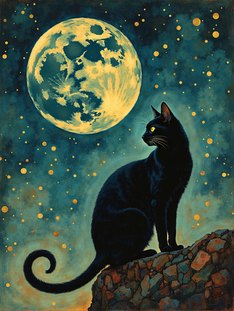 Tableau décoratif d'un chat dans un univers nocturne mystérieux et poétique. Une œuvre délicate et pleine de charme, parfaite pour créer une ambiance intime et magique.