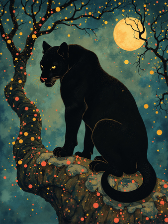 Tableau féerique de panthère noire sous la lune et les étoiles, dans une atmosphère nocturne et mystique. Plusieurs versions disponibles, création exclusive DECOTAB.