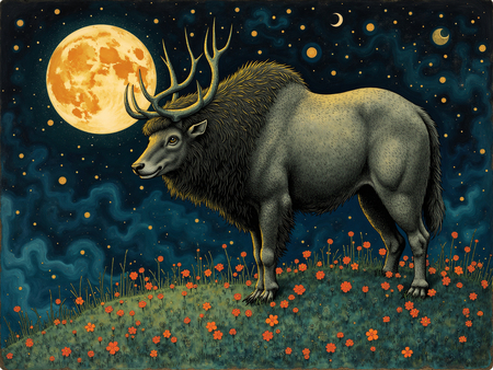 Tableau illustratif représentant un cerf majestueux dans un décor nocturne empreint de poésie sauvage. Une pièce artistique unique pour une décoration inspirante.