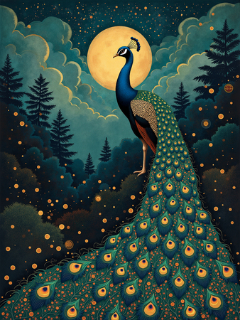 Tableau illustré représentant un paon dans un univers nocturne exotique et onirique. Une œuvre captivante, idéale pour créer une atmosphère raffinée et mystérieuse.