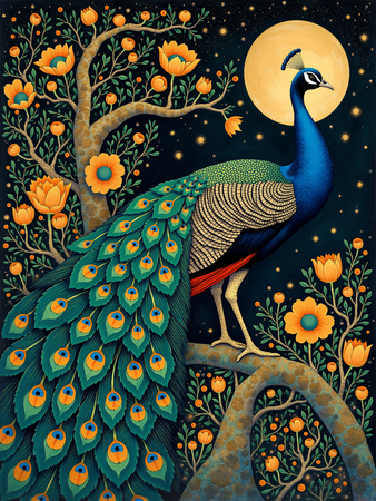 Tableau illustré représentant un paon dans un univers nocturne exotique et onirique. Une œuvre captivante, idéale pour créer une atmosphère raffinée et mystérieuse.