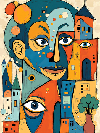 Tableau portrait stylisé très coloré, inspiré par l'art moderne et le cubisme, idéal pour une décoration originale et expressive. Fabriqué en France en tirage d'art.