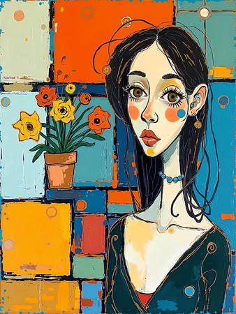 Tableau portrait stylisé très coloré, inspiré par l'art moderne et le cubisme, idéal pour une décoration originale et expressive. Fabriqué en France en tirage d'art.