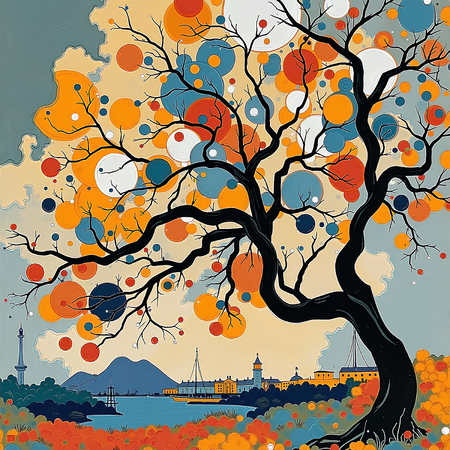 Tableau moderne et très coloré, réalisé avec des aplats de couleurs vives. Un paysage ultra stylisé qui apporte une touche vibrante et contemporaine à votre décoration