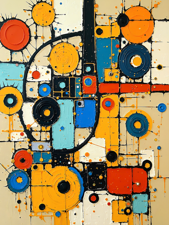 Tableau abstrait très coloré et moderne, aux influences artistiques variées, idéal pour une décoration singulière. Réalisé en France en qualité tirage d'art.