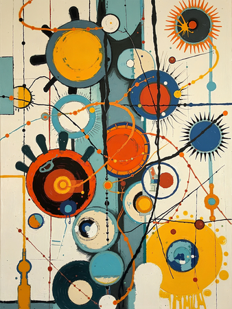 Tableau abstrait très coloré et moderne, aux influences artistiques variées, idéal pour une décoration singulière. Réalisé en France en qualité tirage d'art.