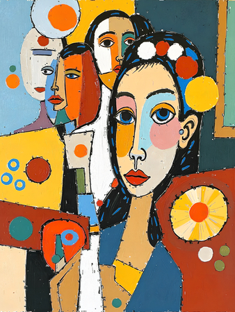 Tableau portrait stylisé très coloré, inspiré par l'art moderne et le cubisme, idéal pour une décoration originale et expressive. Fabriqué en France en tirage d'art.
