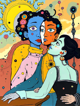 Tableau portrait stylisé très coloré, inspiré par l'art moderne et le cubisme, idéal pour une décoration originale et expressive. Fabriqué en France en tirage d'art.