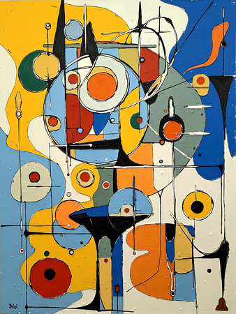 Tableau abstrait très coloré et moderne, aux influences artistiques variées, idéal pour une décoration singulière. Réalisé en France en qualité tirage d'art.