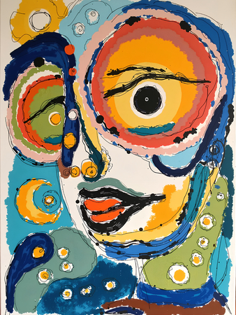 Tableau portrait stylisé très coloré, inspiré par l'art moderne et le cubisme, idéal pour une décoration originale et expressive. Fabriqué en France en tirage d'art.
