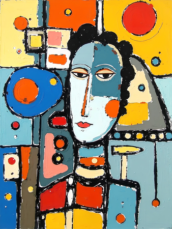 Tableau portrait stylisé très coloré, inspiré par l'art moderne et le cubisme, idéal pour une décoration originale et expressive. Fabriqué en France en tirage d'art.