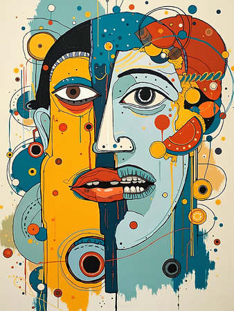 Tableau portrait stylisé très coloré, inspiré par l'art moderne et le cubisme, idéal pour une décoration originale et expressive. Fabriqué en France en tirage d'art.