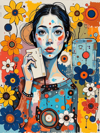 Tableau portrait stylisé très coloré, inspiré par l'art moderne et le cubisme, idéal pour une décoration originale et expressive. Fabriqué en France en tirage d'art.