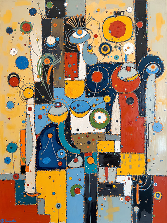 Tableau abstrait très coloré et moderne, aux influences artistiques variées, idéal pour une décoration singulière. Réalisé en France en qualité tirage d'art.