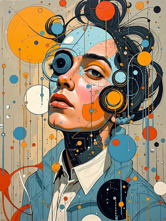 Tableau portrait stylisé très coloré, inspiré par l'art moderne et le cubisme, idéal pour une décoration originale et expressive. Fabriqué en France en tirage d'art.