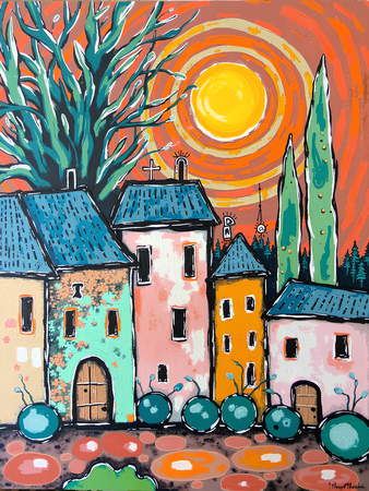 Tableau moderne et très coloré, réalisé avec des aplats de couleurs vives. Un paysage ultra stylisé qui apporte une touche vibrante et contemporaine à votre décoration