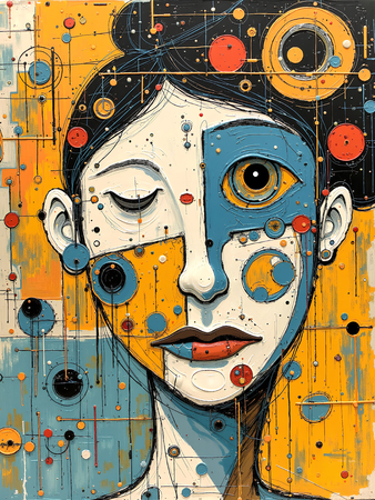 Tableau portrait stylisé très coloré, inspiré par l'art moderne et le cubisme, idéal pour une décoration originale et expressive. Fabriqué en France en tirage d'art.
