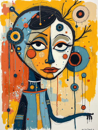 Tableau portrait stylisé très coloré, inspiré par l'art moderne et le cubisme, idéal pour une décoration originale et expressive. Fabriqué en France en tirage d'art.