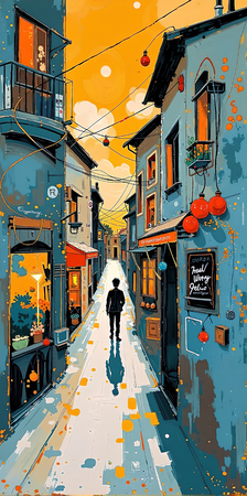 Tableau moderne et très coloré, réalisé avec des aplats de couleurs vives. Un paysage ultra stylisé qui apporte une touche vibrante et contemporaine à votre décoration