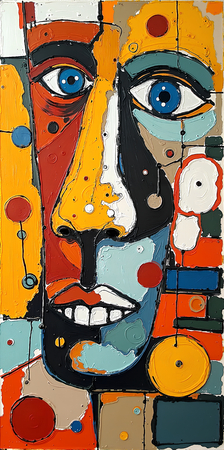 Tableau portrait stylisé très coloré, inspiré par l'art moderne et le cubisme, idéal pour une décoration originale et expressive. Fabriqué en France en tirage d'art.