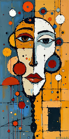 Tableau portrait stylisé très coloré, inspiré par l'art moderne et le cubisme, idéal pour une décoration originale et expressive. Fabriqué en France en tirage d'art.