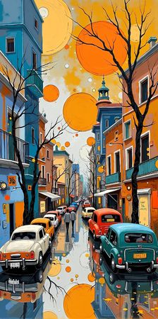 Tableau moderne et très coloré, réalisé avec des aplats de couleurs vives. Un paysage ultra stylisé qui apporte une touche vibrante et contemporaine à votre décoration
