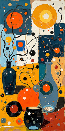 Tableau abstrait très coloré et moderne, aux influences artistiques variées, idéal pour une décoration singulière. Réalisé en France en qualité tirage d'art.