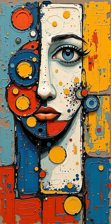 Tableau portrait stylisé très coloré, inspiré par l'art moderne et le cubisme, idéal pour une décoration originale et expressive. Fabriqué en France en tirage d'art.