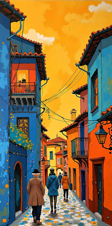 Tableau moderne et très coloré, réalisé avec des aplats de couleurs vives. Un paysage ultra stylisé qui apporte une touche vibrante et contemporaine à votre décoration