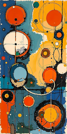 Tableau abstrait très coloré et moderne, aux influences artistiques variées, idéal pour une décoration singulière. Réalisé en France en qualité tirage d'art.