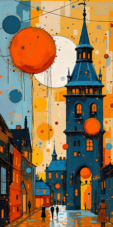 Tableau moderne et très coloré, réalisé avec des aplats de couleurs vives. Un paysage ultra stylisé qui apporte une touche vibrante et contemporaine à votre décoration