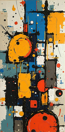 Tableau abstrait très coloré et moderne, aux influences artistiques variées, idéal pour une décoration singulière. Réalisé en France en qualité tirage d'art.