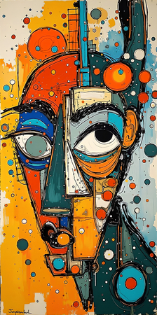 Tableau portrait stylisé très coloré, inspiré par l'art moderne et le cubisme, idéal pour une décoration originale et expressive. Fabriqué en France en tirage d'art.
