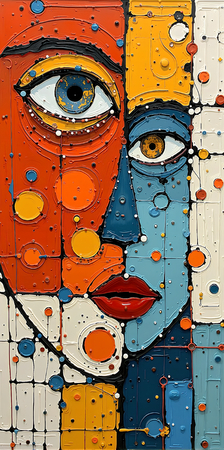 Tableau portrait stylisé très coloré, inspiré par l'art moderne et le cubisme, idéal pour une décoration originale et expressive. Fabriqué en France en tirage d'art.