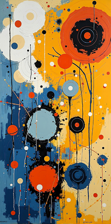 Tableau abstrait très coloré et moderne, aux influences artistiques variées, idéal pour une décoration singulière. Réalisé en France en qualité tirage d'art.