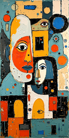 Tableau portrait stylisé très coloré, inspiré par l'art moderne et le cubisme, idéal pour une décoration originale et expressive. Fabriqué en France en tirage d'art.