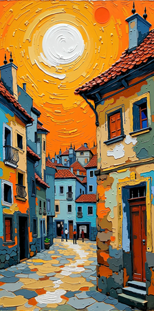 Tableau moderne et très coloré, réalisé avec des aplats de couleurs vives. Un paysage ultra stylisé qui apporte une touche vibrante et contemporaine à votre décoration
