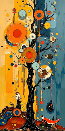 Tableau abstrait très coloré et moderne, aux influences artistiques variées, idéal pour une décoration singulière. Réalisé en France en qualité tirage d'art.